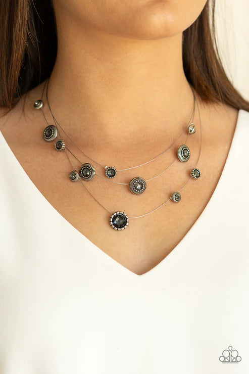 SHEER Thing! - Smoky Silver Ornate Dotted Encrusted Necklace N#3867