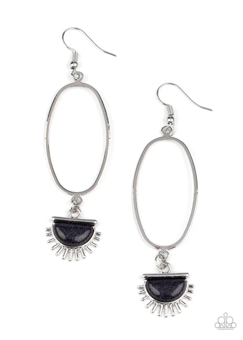 SOL Purpose - Oversized Blue/Silver Elongated Oval Hoop 3D Sunburst Half-Moon Sparkle Teardrop Charm Earrings E#2992