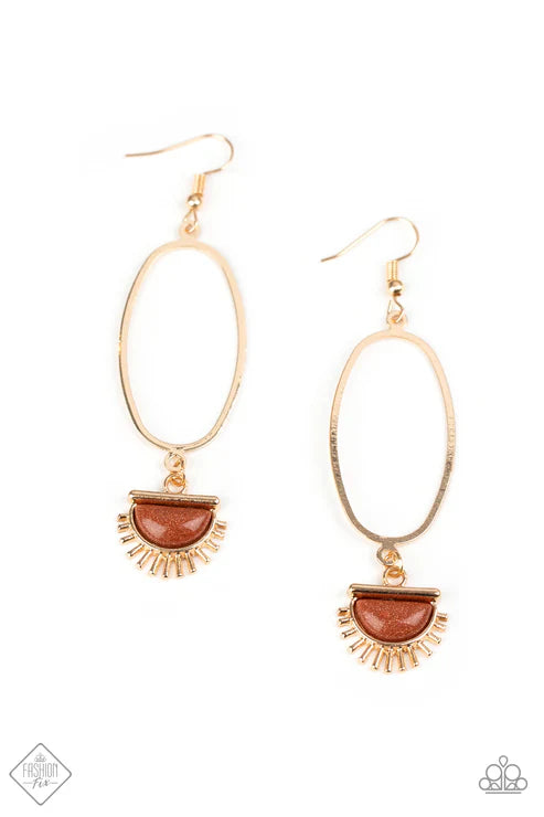 SOL Purpose - Oversized Gold Golden Sunburst Charm Goldstone Center Dangles Elongated Oval Hoop Earrings E#7424