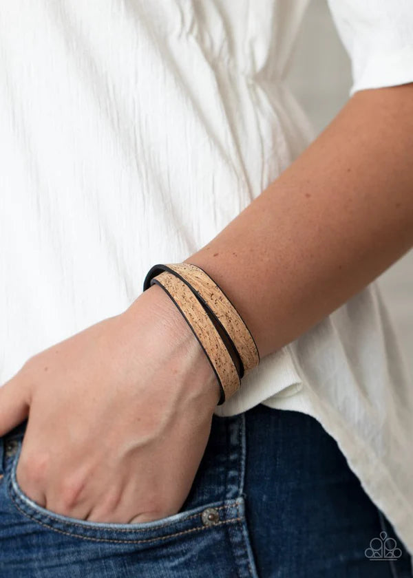 Space Warp - Brown Earthy Cork Black Leather Wrap Elongated Double Wrap Adjustable Snap Closure Bracelet B#4390