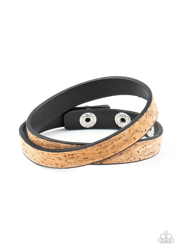 Space Warp - Brown Earthy Cork Black Leather Wrap Elongated Double Wrap Adjustable Snap Closure Bracelet B#4390