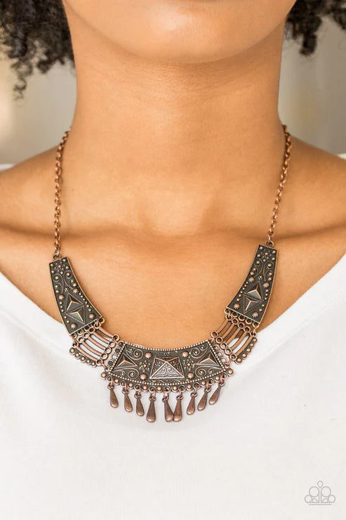 STEER It Up - Copper Embossed Studded Connected Plates Tribal Teardrop Fringe Necklace N#4402
