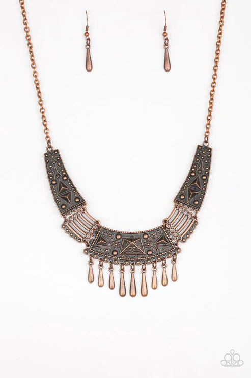 STEER It Up - Copper Embossed Studded Connected Plates Tribal Teardrop Fringe Necklace N#4402