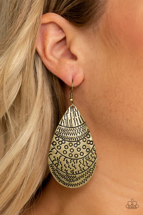Safari Splash - Oversized Brass Stamped Tribal Teardrop Earrings E#7278