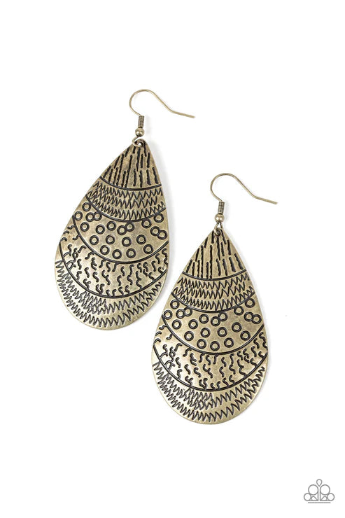 Safari Splash - Oversized Brass Stamped Tribal Teardrop Earrings E#7278