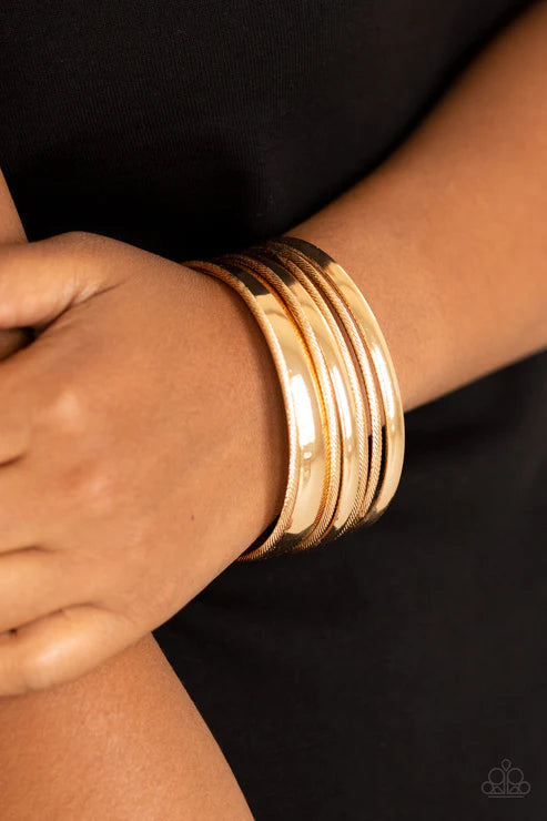 Sahara Shimmer - Gold Smooth/Serrated Textured Bangles Bracelet Stack B#3833