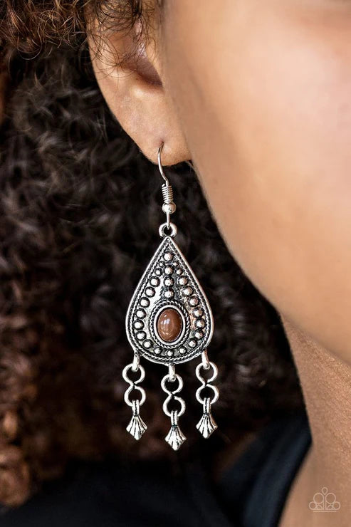 Sahara Song - Brown Dotted/Studded Textured Fringe Teardrop Earrings E#6358