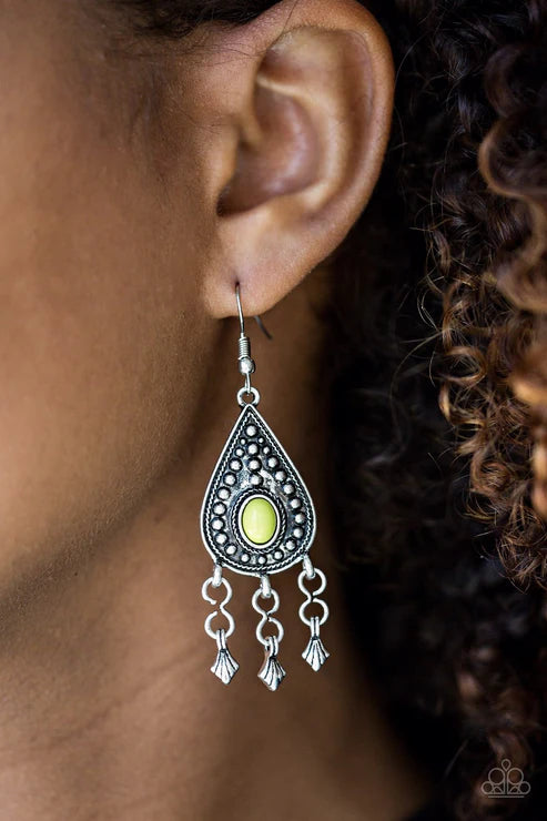 Sahara Song - Green (Lime Punch) Dotted/Studded Textured Fringe Teardrop Earrings E#7203