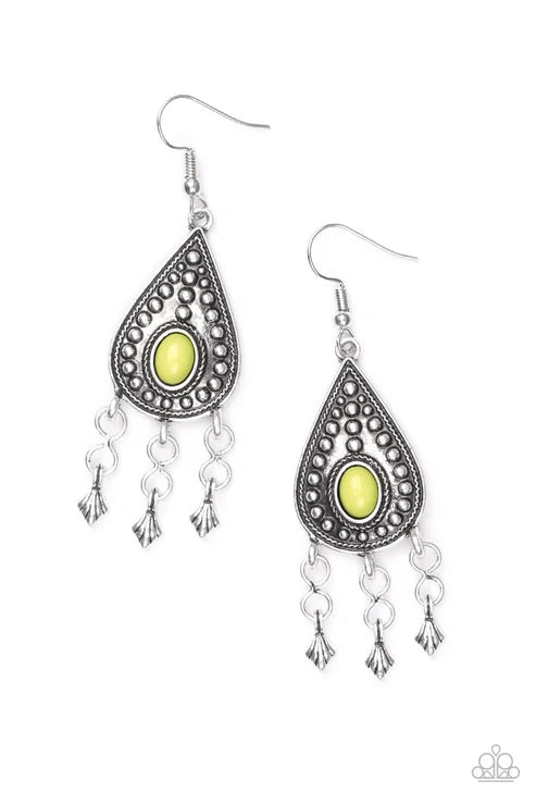Sahara Song - Green (Lime Punch) Dotted/Studded Textured Fringe Teardrop Earrings E#7203