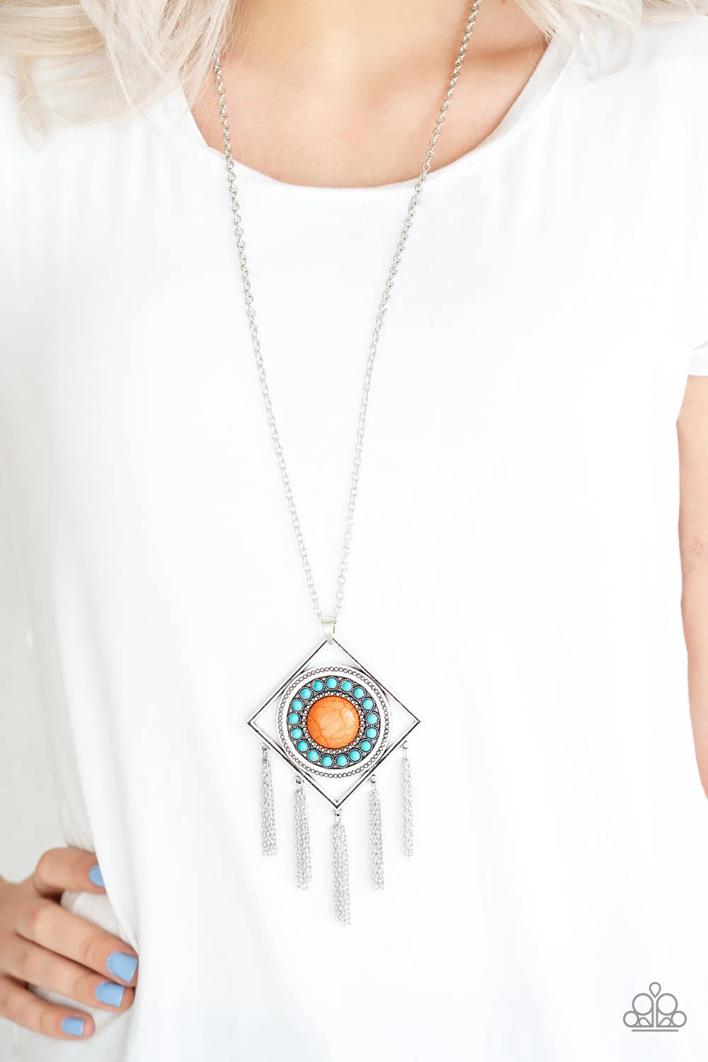 Sandstone Solstice - Oversized Multi (Orange/Blue) Airy Studded Round/Square Nestled Stone Tribal Chain Fringe Necklace N#7164