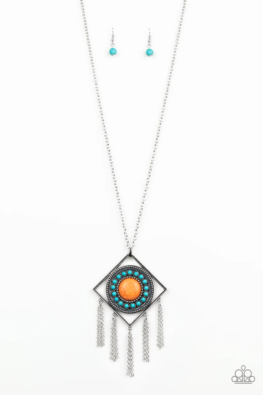 Sandstone Solstice - Oversized Multi (Orange/Blue) Airy Studded Round/Square Nestled Stone Tribal Chain Fringe Necklace N#7164