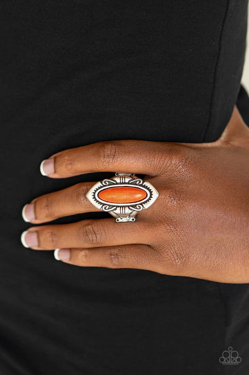 Santa Fe Serenity - Oversized Orange Oblong Stone Antiqued Swirling Tribal Ring R#5798