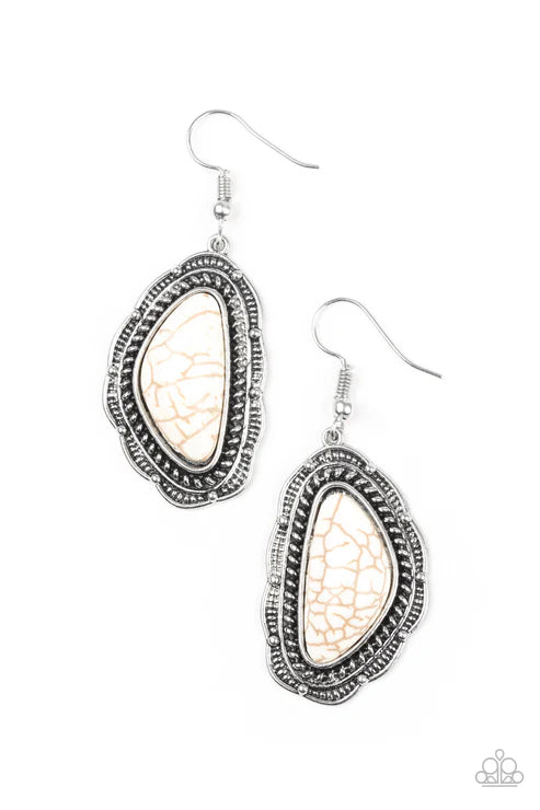 Santa Fe Soul - White Ornate Studded/Serrated Textured Stone Earrings E#1291