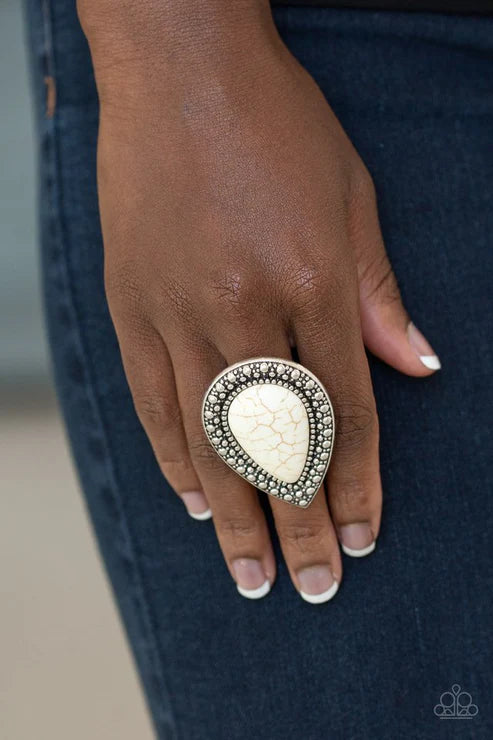 Santa Fe Storm - Oversized White Dotted/Studded Textured Teardrop Stone Ring R#6674