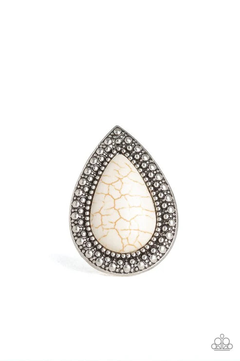 Santa Fe Storm - Oversized White Dotted/Studded Textured Teardrop Stone Ring R#6674