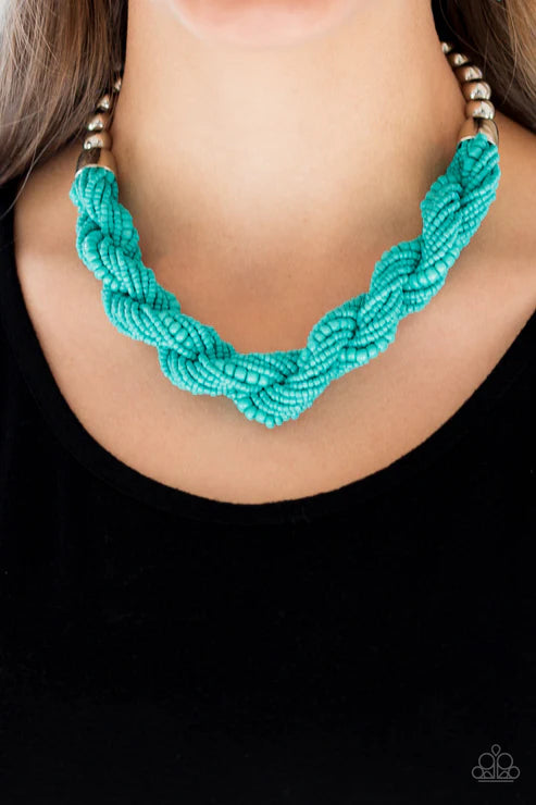 Savannah Surfin - Oversized Blue Twisted Double Strand Seed Bead Necklace N#6530