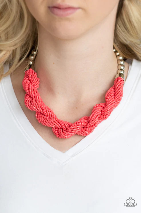 Savannah Surfin - Oversized Orange (Coral) Twisted Double Strand Seed Bead Necklace N#3684