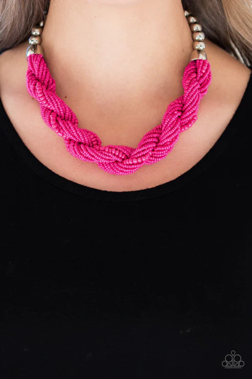 Savannah Surfin - Oversized Pink Twisted Double Strand Seed Bead Necklace N#4978