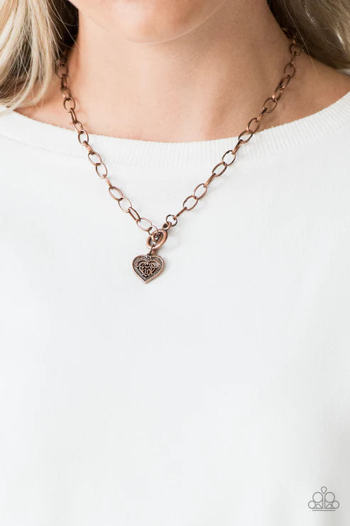 Say No AMOUR - Copper Vintage Ornate Heart Tiffany Clasp Necklace N#4104