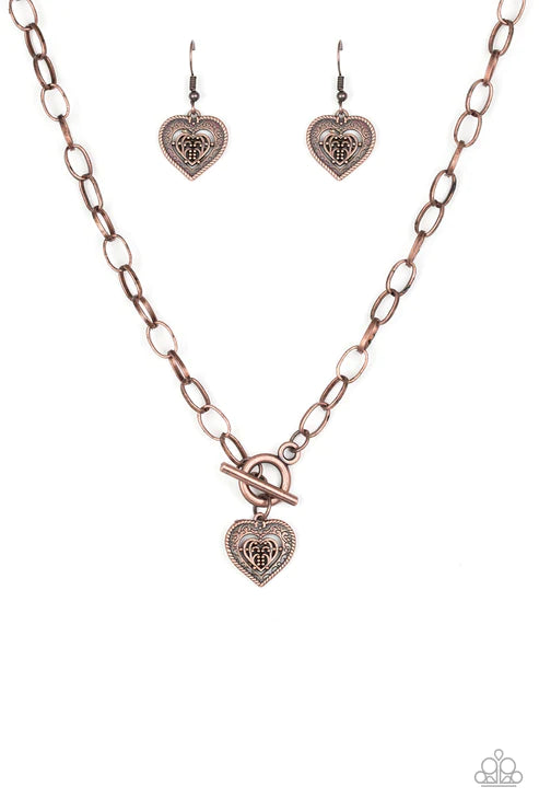 Say No AMOUR - Copper Vintage Ornate Heart Tiffany Clasp Necklace N#4104