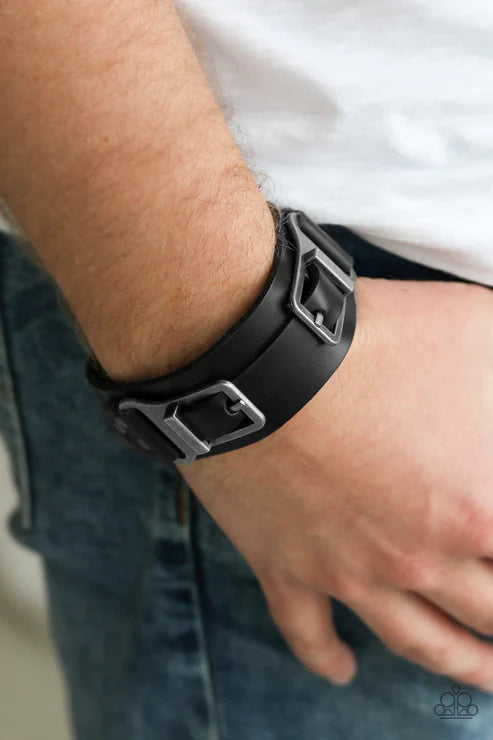 Scout It Out - Oversized Black/Gunmetal Antiqued Studded Abstract Buckle Leather Urban Bracelet B#4729