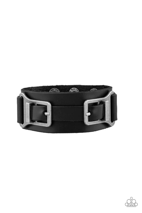 Scout It Out - Oversized Black/Gunmetal Antiqued Studded Abstract Buckle Leather Urban Bracelet B#4729