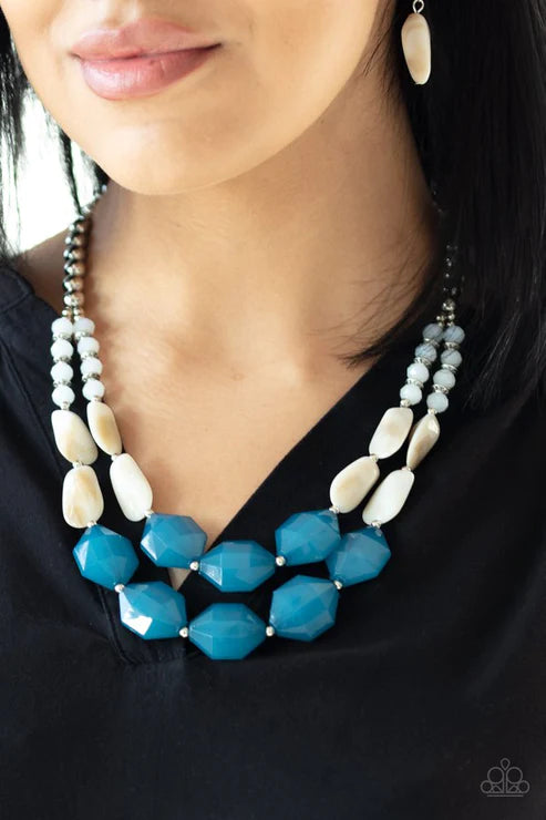Seacoast Sunset - Oversized Blue/White Opaque Cloudy Faceted Crystal Accent Necklace N#3165