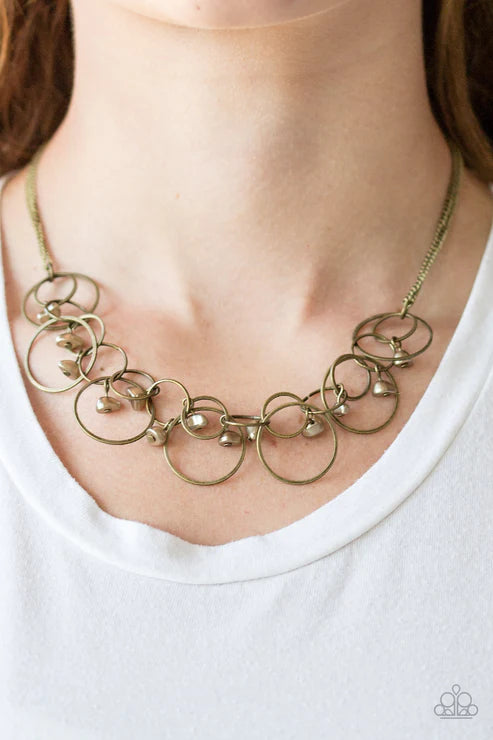Seafront Scene - Brass Interlocking Pearlescent Bits Hoops Fringe Necklace N#6167
