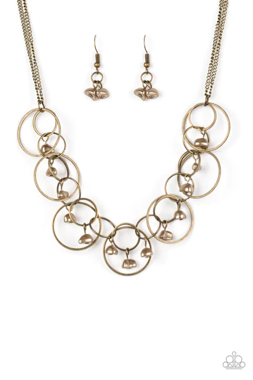 Seafront Scene - Brass Interlocking Pearlescent Bits Hoops Fringe Necklace N#6167