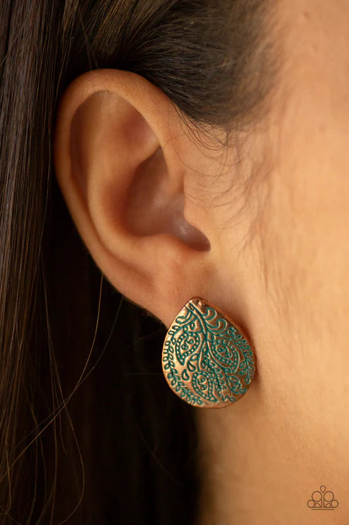 Seasonal Bliss - Oversized Copper/Patina Stamped Leafy Teardrop Earrings E#6570