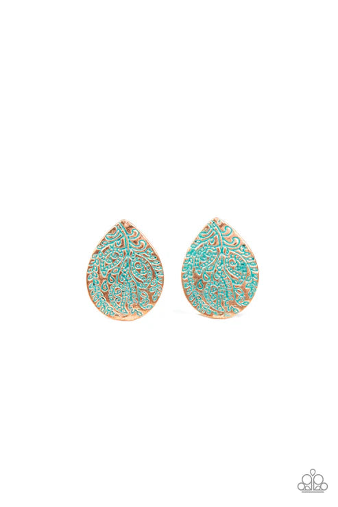 Seasonal Bliss - Oversized Copper/Patina Stamped Leafy Teardrop Earrings E#6570