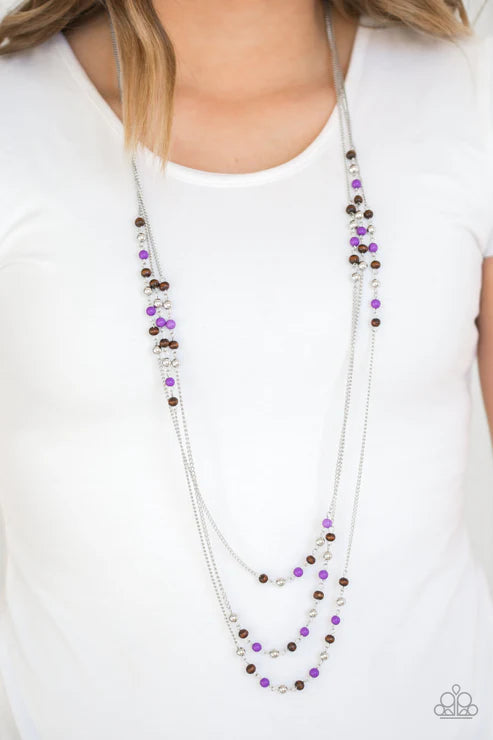 Seasonal Sensation - Purple/Silver/Brown Trio Chain/Wood Accent Necklace N1937