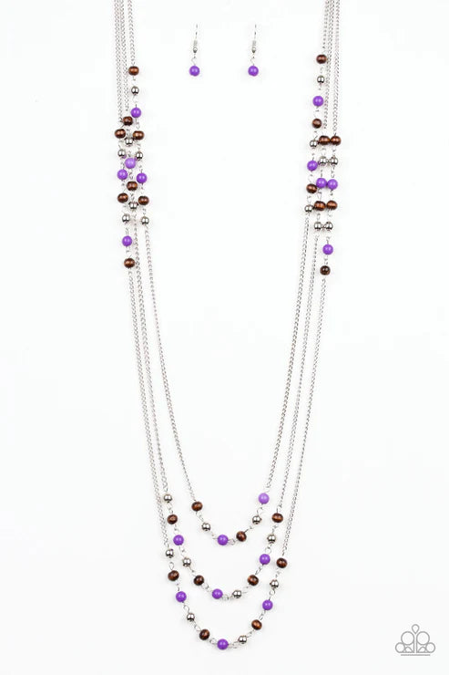 Seasonal Sensation - Purple/Silver/Brown Trio Chain/Wood Accent Necklace N1937