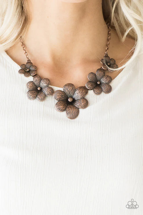 Secret Garden - Oversized Copper Brushed Antiqued Shimmer 3D Flower Link Necklace N#3028