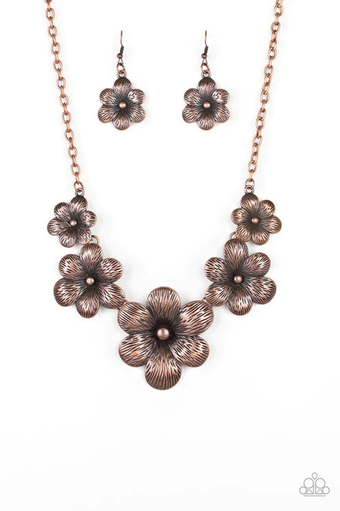 Secret Garden - Oversized Copper Brushed Antiqued Shimmer 3D Flower Link Necklace N#3028