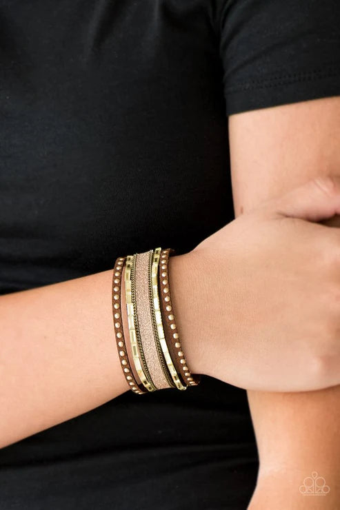 Seize The Sass - Brass Studs Chains Golden Emerald Cut Encrusted Brown Suede Dusted Band Adjustable Snap Closure Bracelet B#6444