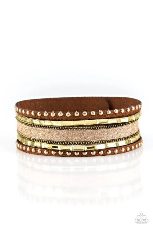 Seize The Sass - Brass Studs Chains Golden Emerald Cut Encrusted Brown Suede Dusted Band Adjustable Snap Closure Bracelet B#6444