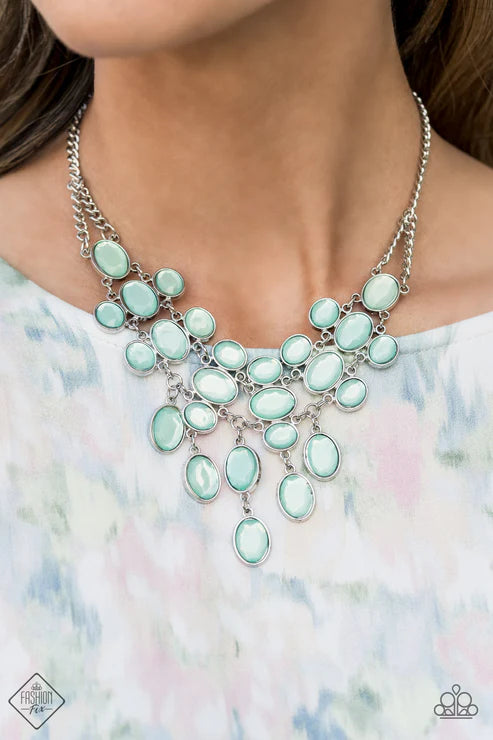 Serene Gleam - Blue Dewy Array Oval Cut Blue Tint Gems Interconnect Bubbly Bib Necklace N#7391