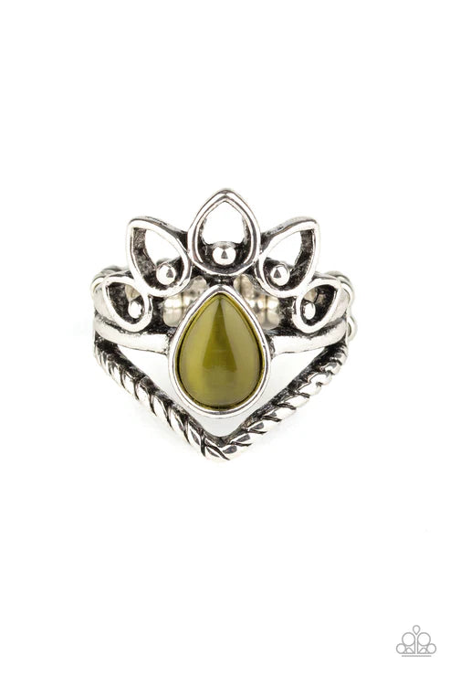 Serene Scene - Olive Green Cat's Eye Moonstone Rope Petals Teardrop Ring R#2530