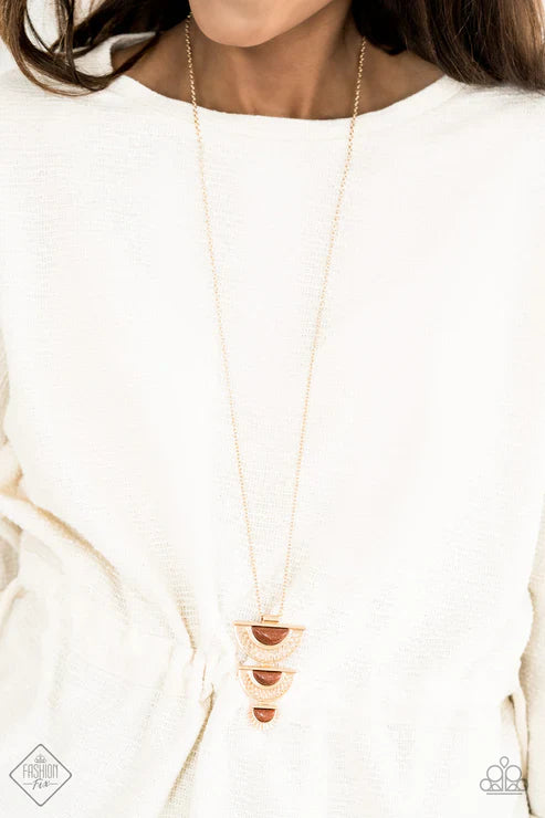 Serene Sheen - Oversized Gold Decorative Half-Moon Sparkling Goldstone Cascade Whimsical Necklace N#7425