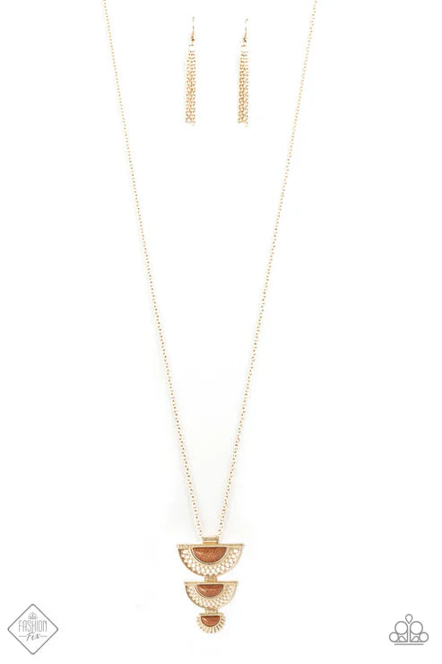Serene Sheen - Oversized Gold Decorative Half-Moon Sparkling Goldstone Cascade Whimsical Necklace N#7425