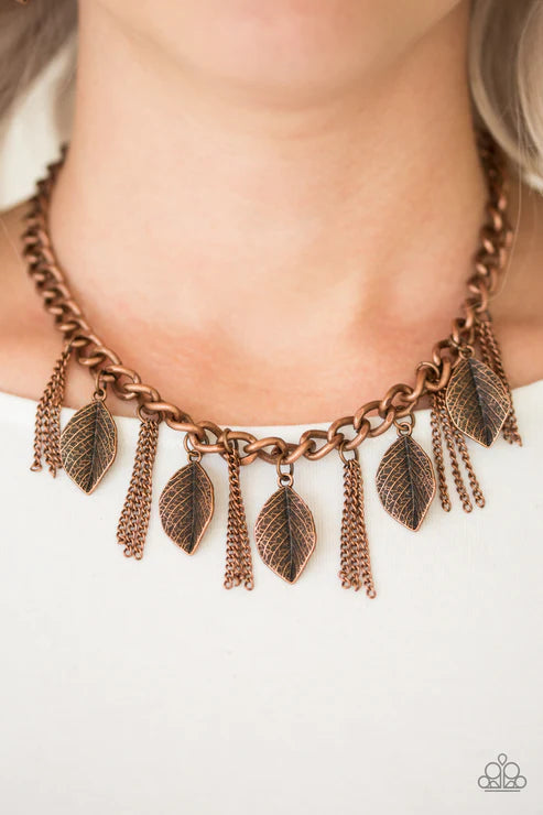 Serenely Sequoia - Copper 3D Leaf Textured Tassel Fringe Necklace N#3792
