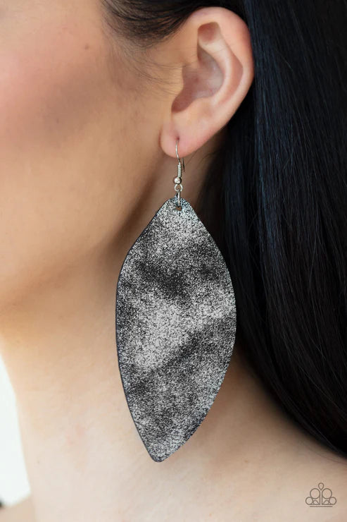 Serenely Smattered - Oversized Black/Silver Asymmetrical Dusted Shimmer Leather Earrings E#5077