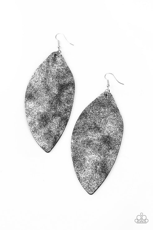 Serenely Smattered - Oversized Black/Silver Asymmetrical Dusted Shimmer Leather Earrings E#5077