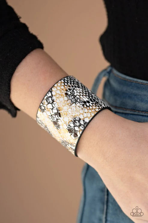 Serpent Shimmer - Oversized Multi (Gold/Black/White) Shiny Wild Python Serpent Print Leather Wrap Adjustable Snap Closure Bracelet B#6172