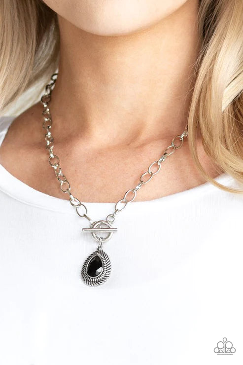 Sheen Queen - Black Faceted Textured Teardrop Hoop Tiffany Clasp Necklace N#4476