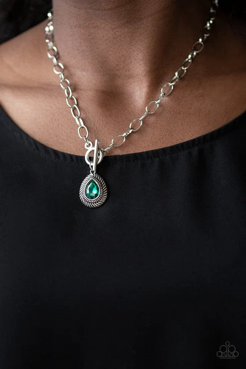Sheen Queen - Green Faceted Textured Teardrop Hoop Tiffany Clasp Necklace N#1065