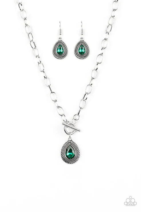 Sheen Queen - Green Faceted Textured Teardrop Hoop Tiffany Clasp Necklace N#1065