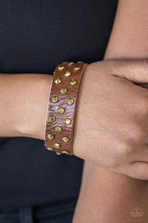 Shine On You Crazy Diamond - Brass/Brown Aurum Encrusted Leather Bracelet B#4195