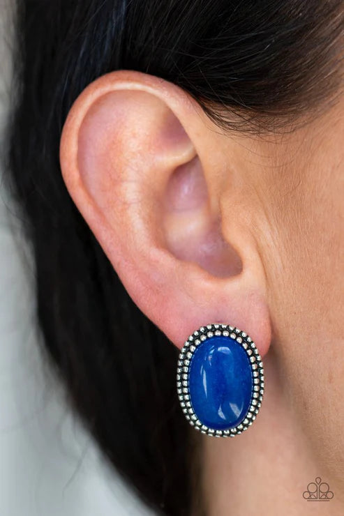 Shiny Sediment - Blue Studded Frame Spins Glassy Stone Earrings E#3677